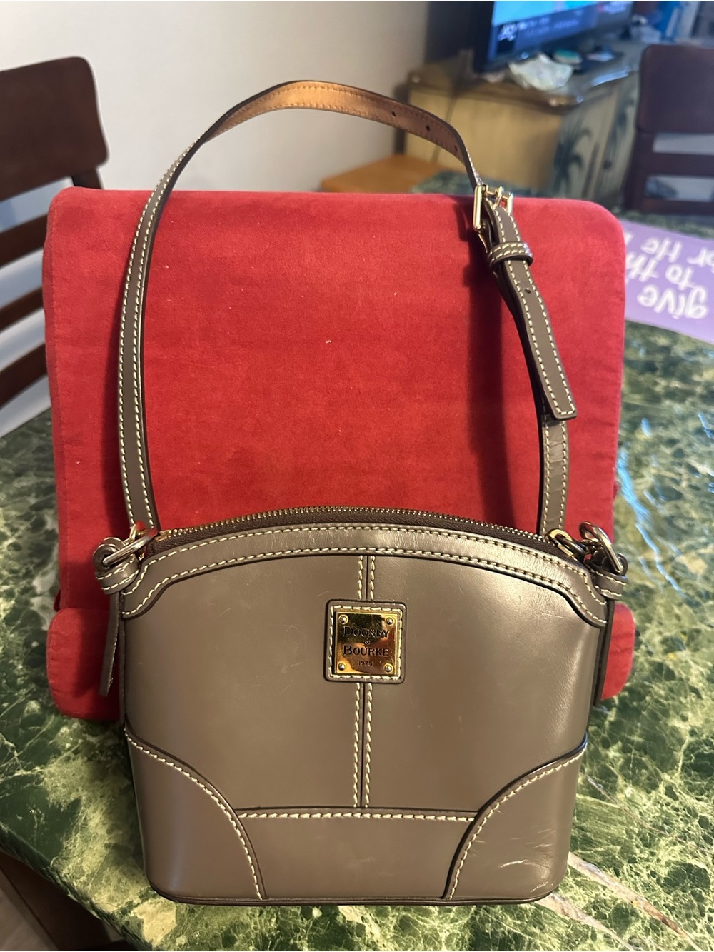 Dooney & Bourke Brown Leather Shoulder Bag with Gold Logo Plaque